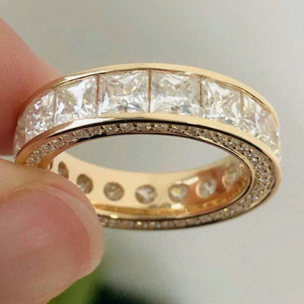 18k Yellow Gold Diamond Ring Princess Cut Eternity Ring Band - Picture 3 of 7